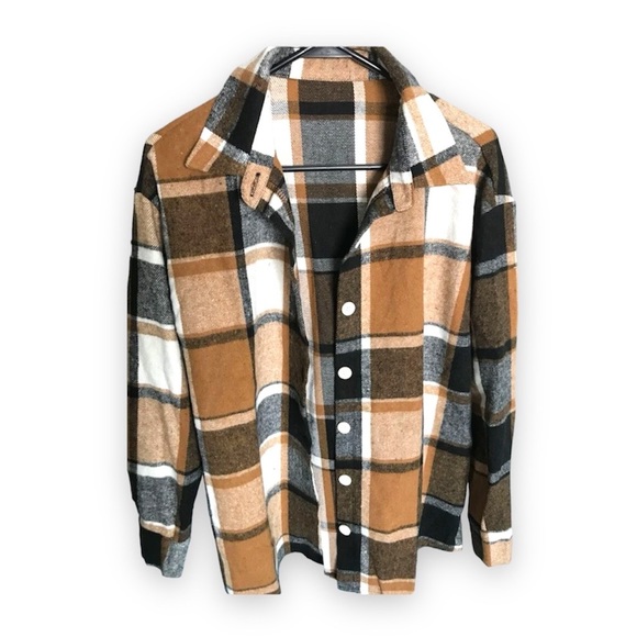 New Bohemian Casual Khaki Soft Collard Plaid Print Button Front Blouse Large - Picture 10 of 11